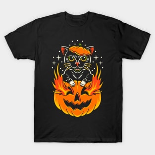 Traditional Cat with Pumpkin Tattoo Piece T-Shirt